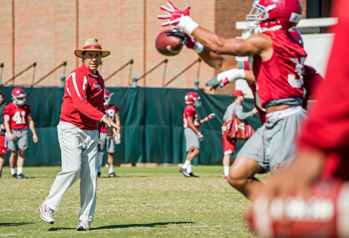 Nick Saban during his first practice with Alabama.